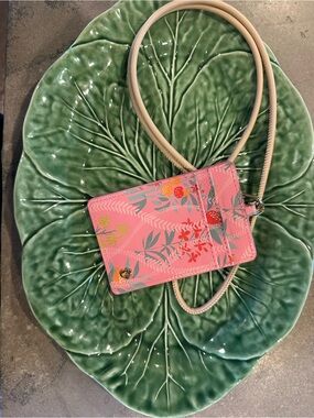Spartina 449 Pink Floral Crossbody Card Holder with Beige Strap